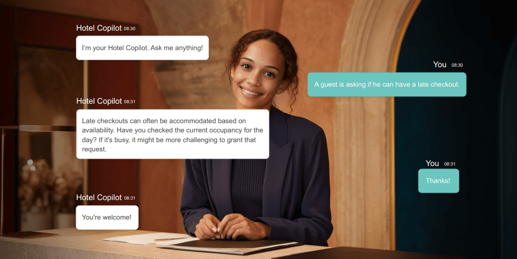 Hotel Copilot in action — AI assistant guiding a receptionist in real-time