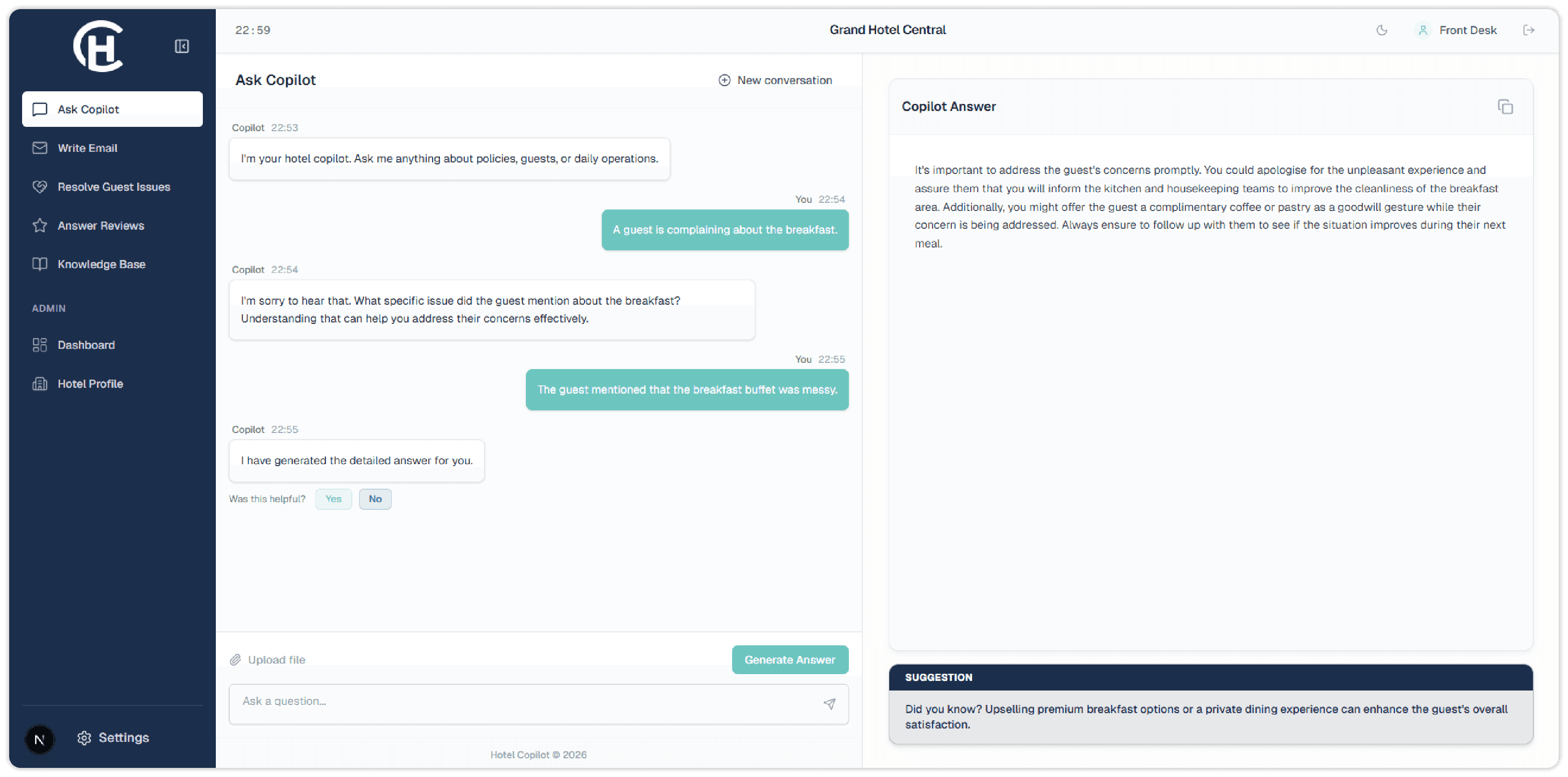 Hotel Copilot - Ask Copilot interface showing real-time operational guidance