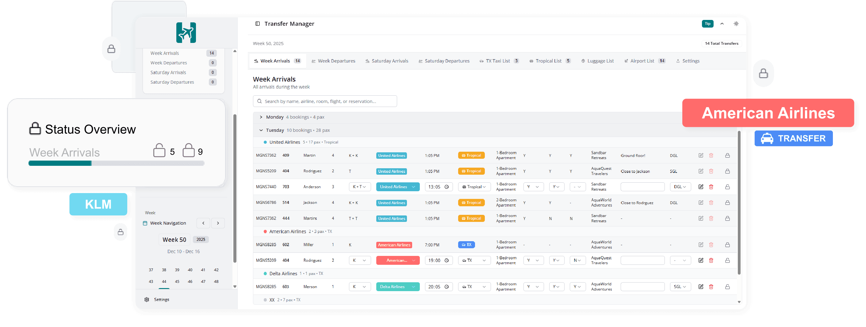 Transfer Manager interface showing Week Arrivals with flight details, status badges, and transfer assignments